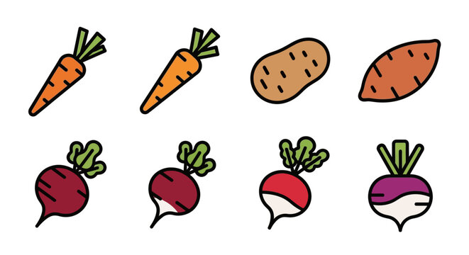 Minimalist and flat vector set of various freshly harvested root vegetables. Featuring carrots, potatoes, beets, radishes, and turnips. Perfect healthy food concept for design projects.