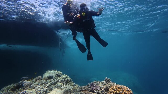 A scene of tourists scuba diving in the Red Sea off the coast of Sharm El Sheikh, Egypt.