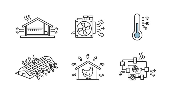 Set of six simple, outlined icons depicting climate control and ventilation concepts relevant to agricultural contexts, including barns, fans, temperature readings, and animal environments, 