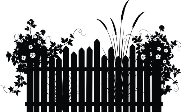 A black silhouette of a wooden fence with flowers and objects