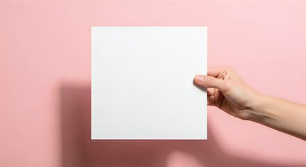 Obraz premium A hand holding a blank white square against a soft pink background