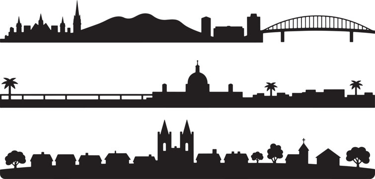 Collection of vector silhouettes featuring mountain backdrop coastal city dome building bridge tropical palms and rural small town.