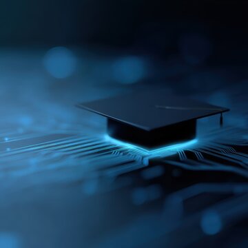 glowing graduation cap on futuristic circuit board, digital education and e-learning technology concept, blue neon style