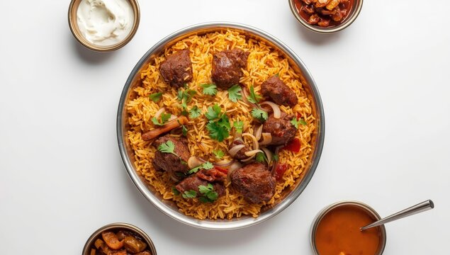 Mutton Biryani with Spices on Light Backdrop