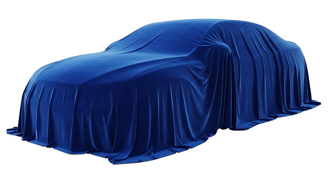 A car covered with a blue cloth isolated on white background for a new model launch event or a mystery unveiling