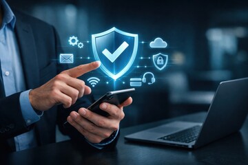 Obraz premium AI Cybersecurity Protection Interface with Shield Verification and Mobile Device Data Security Concept 