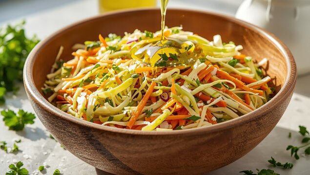 Nutritious salad featuring cabbage, carrot, green onion, and olive oil.