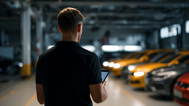 Young Man with Tablet in Modern Automotive Showroom or Service Center, Inspecting New Vehicles for Sale or Maintenance with Digital Device