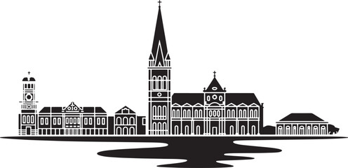 Fototapeta premium Outline vector cityscape illustration featuring distinct church towers and structures