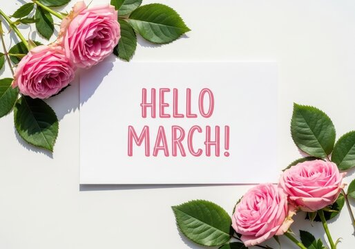 Hello march greeting card with pink roses and leaves