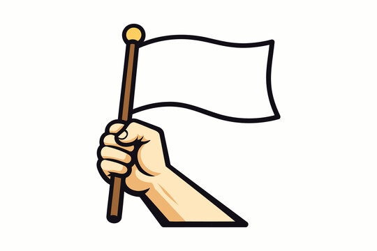 A hand holding a white flag on a pole as a symbol of surrender or peace on a plain background Vector