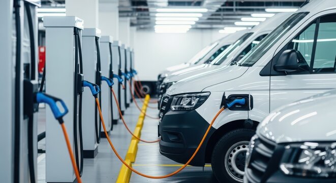 Row of electric delivery vans charging in modern parking garage station