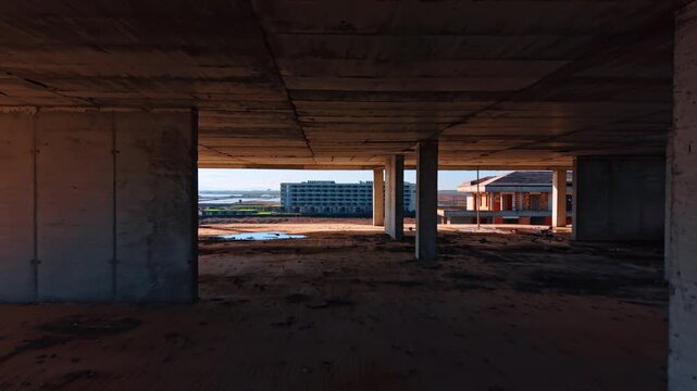 One of the floors of the multi-storied building with some bulkheads and columns. Rubbish and puddles are on the floor.