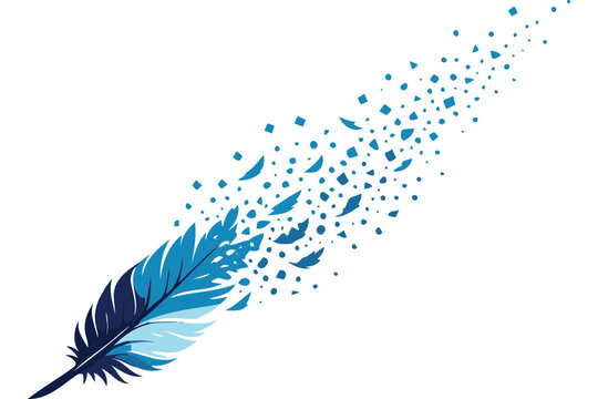 A single blue feather dissolving into small geometric particles against a plain white background Vector