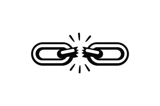 A minimalist black and white icon depicting a broken metal chain link representing disconnection Vector