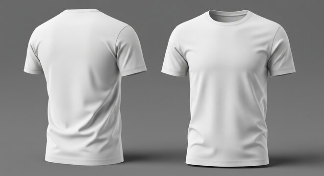 Back and front view of a blank white cotton T-shirt for mockups advertising and apparel branding in studio light; simple crew neck tee