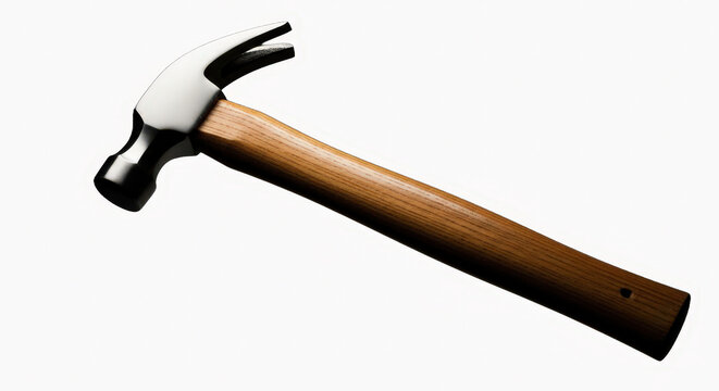 Realistic claw hammer with sturdy wooden handle isolated on pure white background for diy projects
