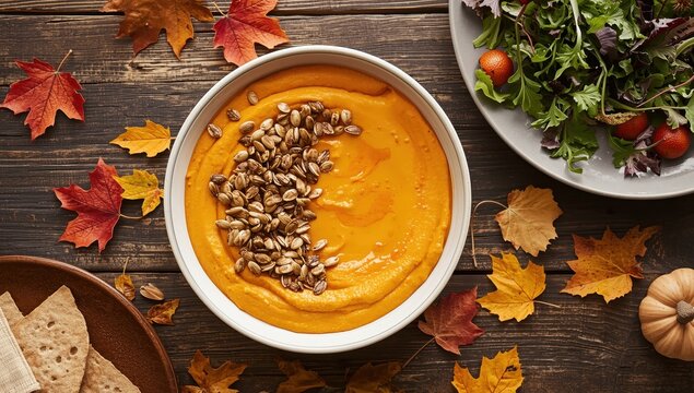 Pumpkin hummus, creamy orange and mildly sweet, topped with toasted seeds and honey.