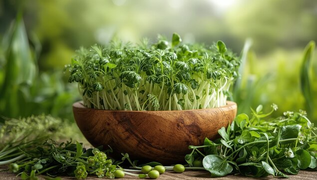 Raw organic green food. Various microgreen dill sprouts. Vegan salad with microgreens.