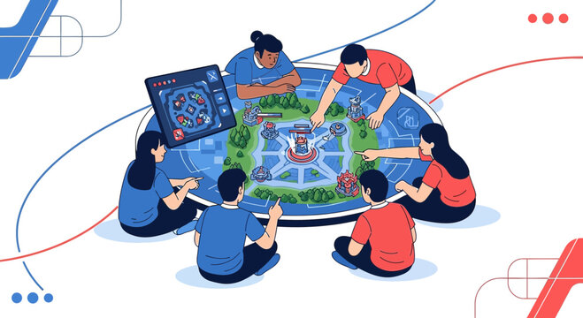 Strategic planning session for a multiplayer online battle arena game with teamwork and tactics