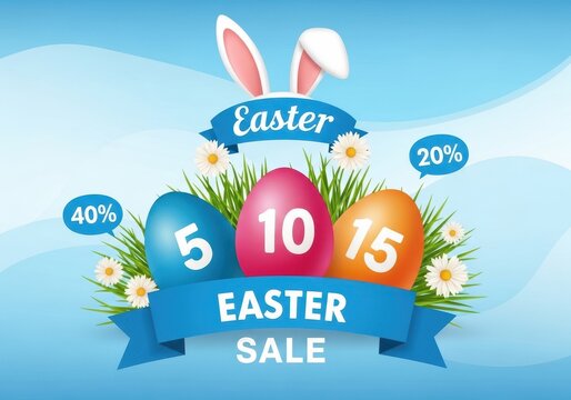 Easter sale graphic featuring colorful eggs with numbers and rabbit ears against a blue background