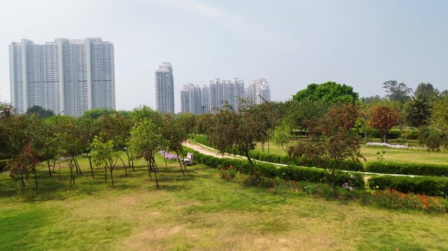 Open green park near residential apartment in new delhi