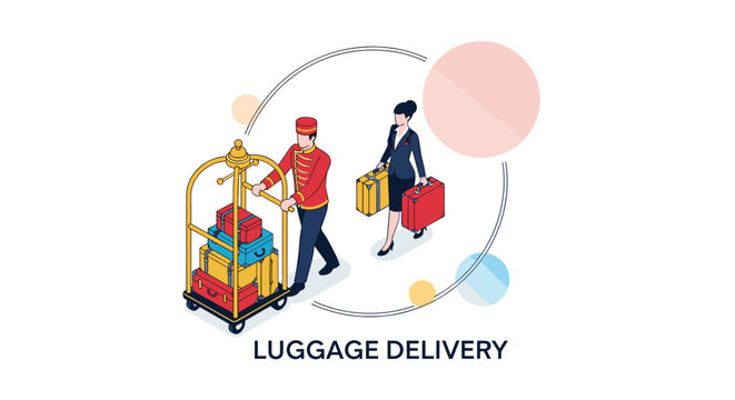 Hotel bellhop in a red uniform pushing a luggage cart and a woman carrying suitcases for a professional luggage delivery service.
