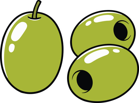 Three green olives including one whole with a stem and two pitted ones stacked vertically, clean cartoon vector illustration