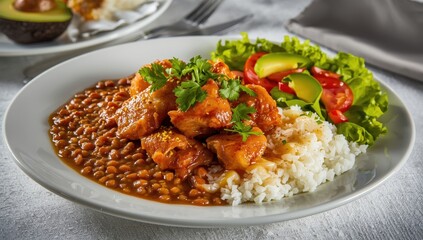 Fototapeta premium Sautéed chicken with lentils and rice, Peruvian dish.