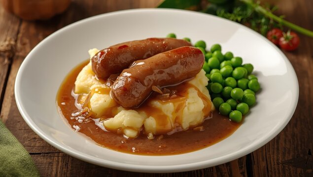 Sausage with mashed potatoes, peas, and onion sauce.