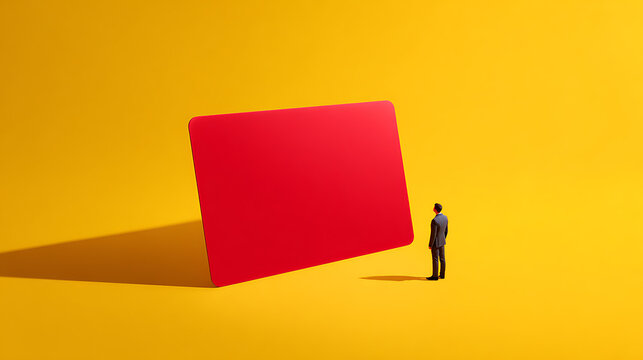Tiny businessman figurine stands before a large blank red card on a vibrant yellow background, stark shadows create a compelling visual contrast