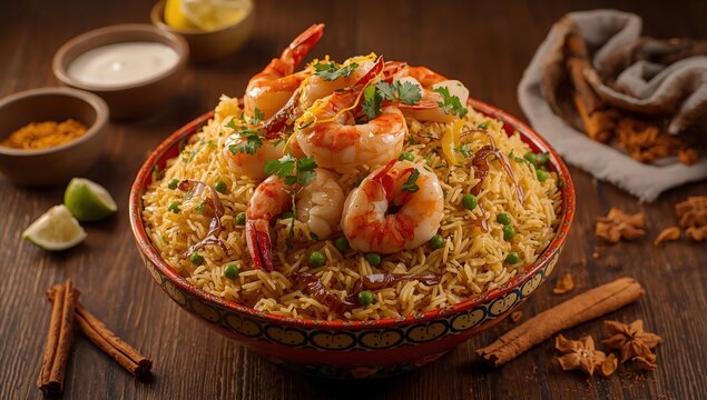 Savory shrimp rice dish, prawn pilaf, or jheenga biryani