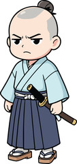 Fototapeta premium Chibi young samurai in traditional blue kimono and hakama with a katana, stoic character vector illustration
