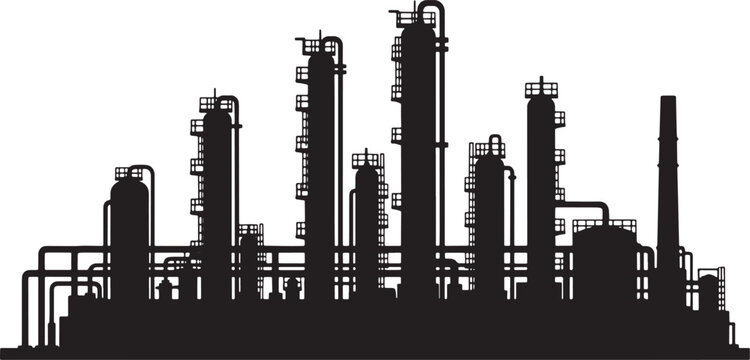 A detailed black silhouette of a large industrial oil refinery plant on a clean white background Vector, illustration