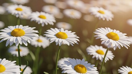 Fototapeta premium A serene field of white daisies with yellow centers in warm sunlight