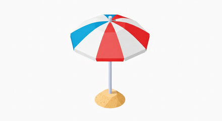 Fototapeta premium Beach umbrella offers vibrant shade with a striped canopy in a minimalist isometric style