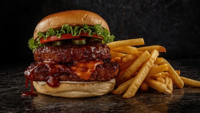 Smoked pork burger and crispy fries on a dark backdrop. Menu image.