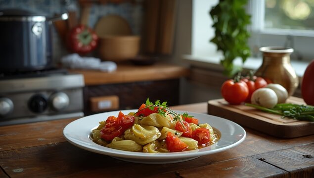 Solyanka in a dish with tomato and cooked cabbage on the table.