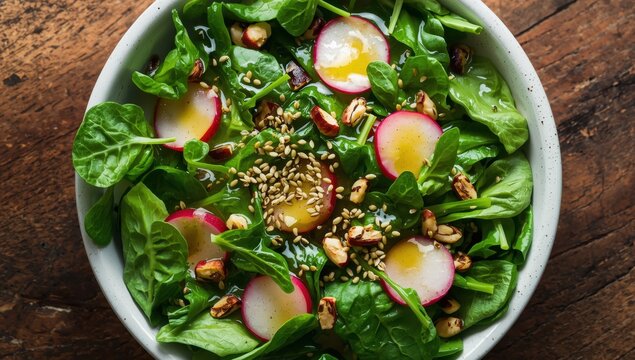 Spinach, arugula, and radish salad drizzled with olive oil.