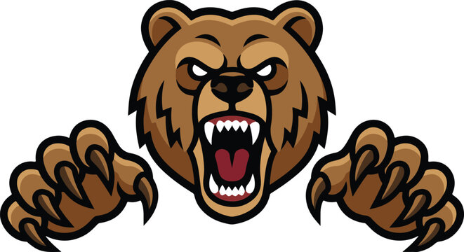 Aggressive grizzly bear mascot with bared teeth and sharp claws, fierce wildlife vector illustration