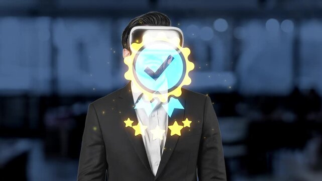 Business man in suit with digital badge icon symbolizing quality, achievement, and success concept in modern office background Gluon.