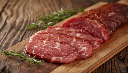Fototapeta premium Tasty traditional dried pastrami on a wooden surface.
