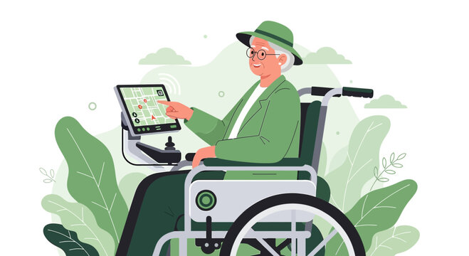 Senior woman navigating with assistive technology in a natural and calming environment