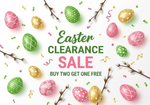 Easter clearance sale advertisement with decorated colorful eggs and willow branches on white