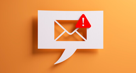 White speech bubble with mail warning notification symbol in front of a yellow colored wall - 3D illustration