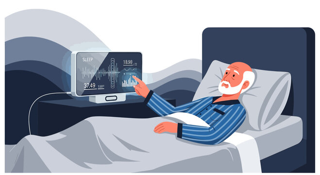 Senior man analyzing sleep data on a modern device in bed for better sleep management
