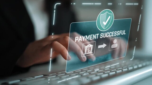 Successful transaction message showing secure payment. Payment confirmed, secured, payment processed, and payment completed with trust and transaction integrity. Marrow