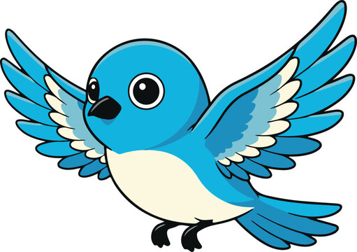 Cute blue bird in mid-flight with spread wings, cheerful and vibrant vector illustration