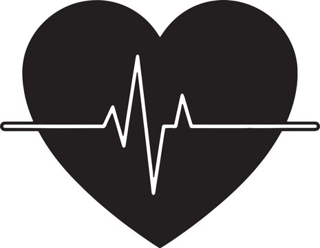 A minimalist black heart icon featuring a white heartbeat rhythm line representing medical health Vector, illustration