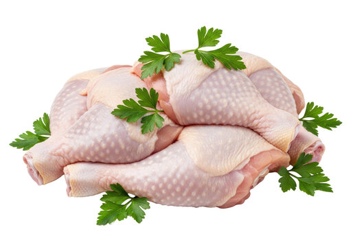 close-up of moist raw chicken leg quarters neatly arranged on a transparent background, garnished with vibrant green parsley sprigs, studio shot emphasizing fresh quality food concept